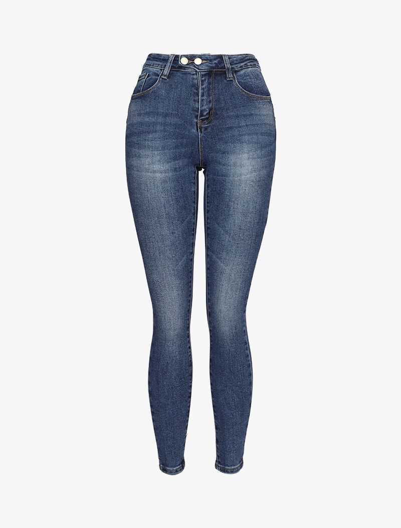 Jeans skinny délavé à 2 boutons - Bleu denim - 4