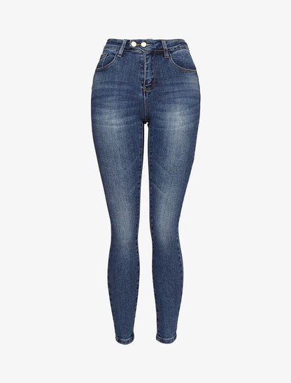Jeans skinny délavé à 2 boutons - Bleu denim - 4