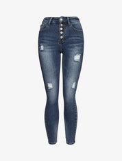 Jean skinny boutonné à taille haute et déchirures - Bleu denim - 1