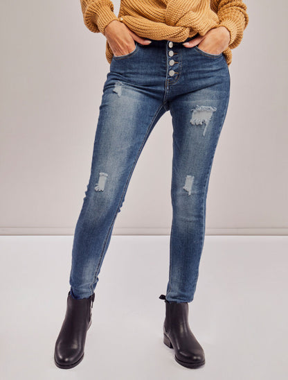 Jean skinny boutonné à taille haute et déchirures - Bleu denim - 4
