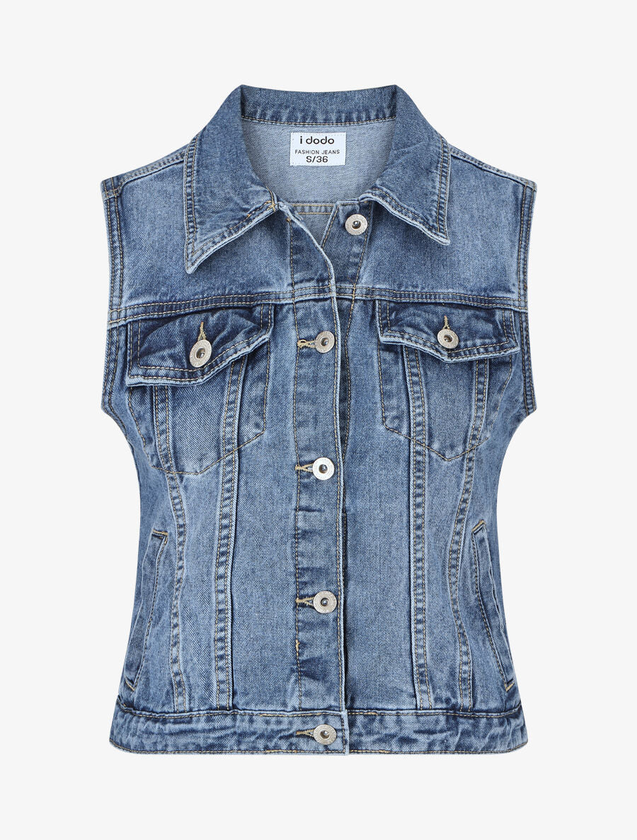Veste en jean sans manches ajustée - Bleu - 1