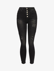 Jean skinny boutonné à taille haute et déchirures - Noir - 1