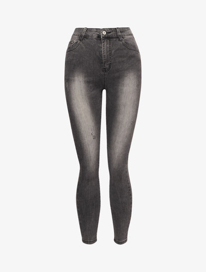 Jean skinny taille haute délavé et griffé - Gris foncé - 4