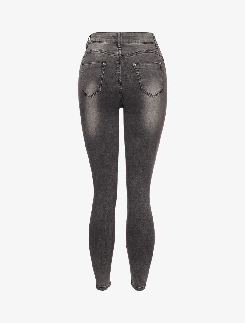 Jean skinny taille haute délavé et griffé - Gris foncé - 2