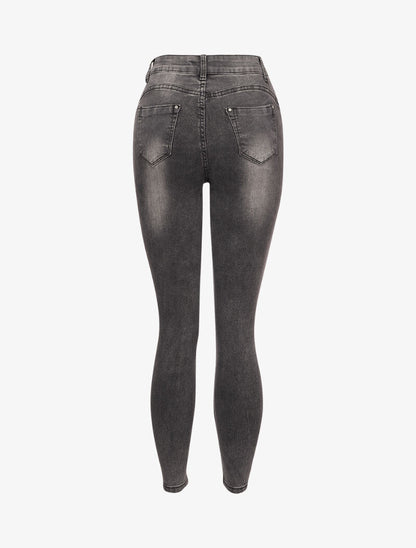 Jean skinny taille haute délavé et griffé - Gris foncé - 2