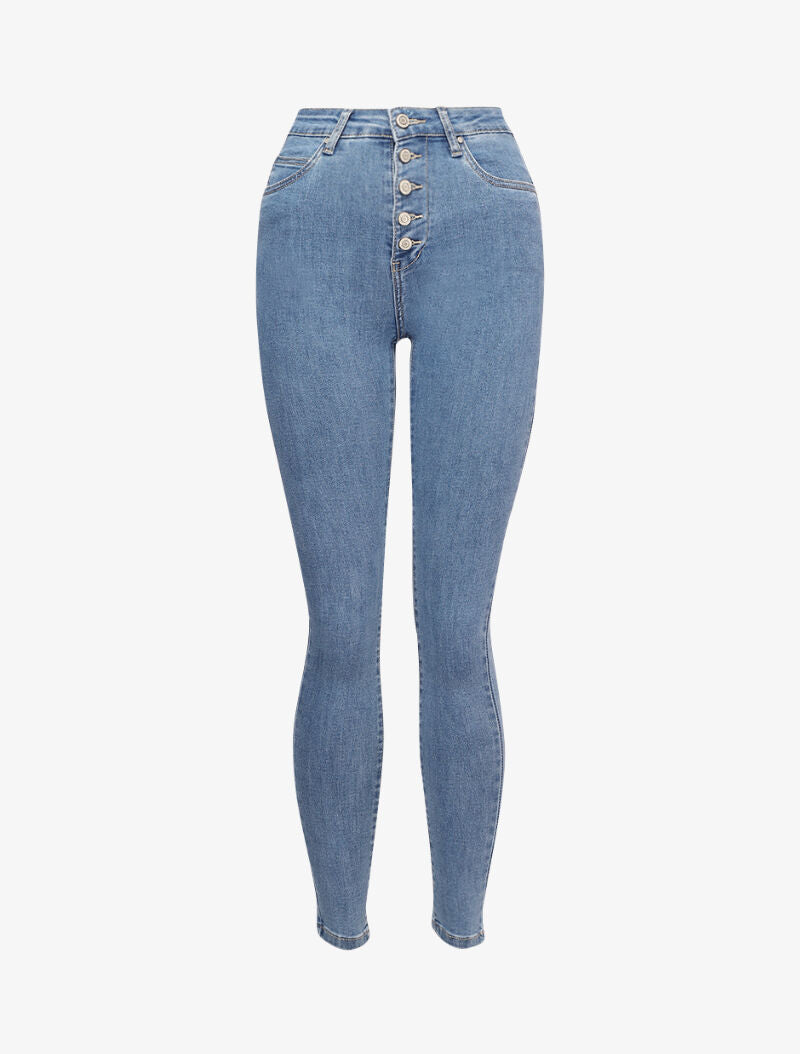 Jean skinny taille haute à fermeture boutonnée - Bleu clair - 4
