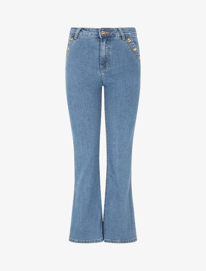 Jean flare taille haute poches boutonnées - Bleu - 1