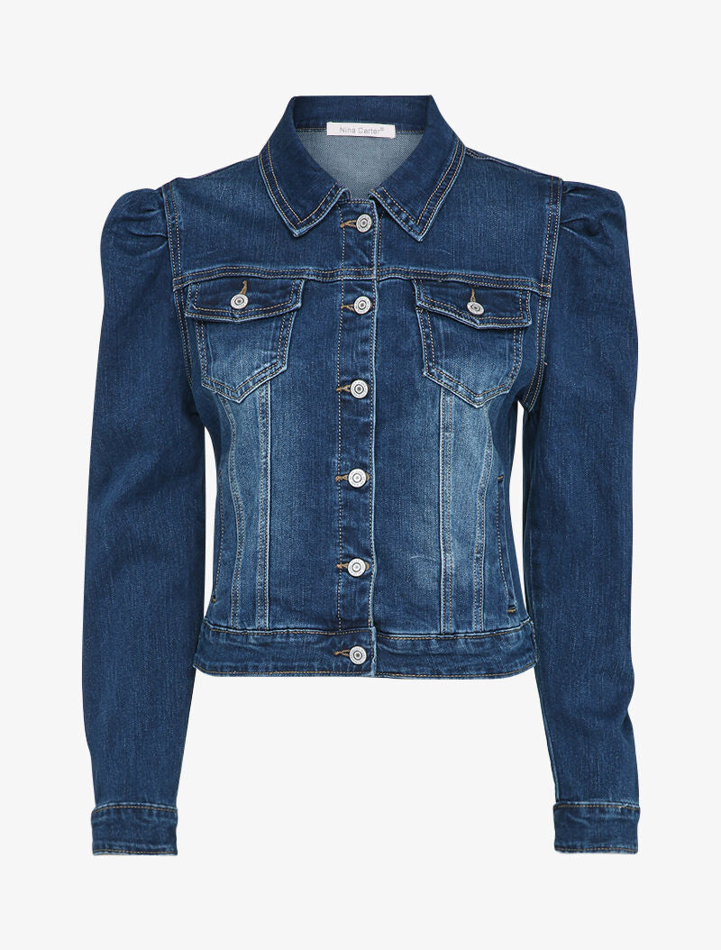 Veste en jean à manches gigot - Bleu denim foncé - 1