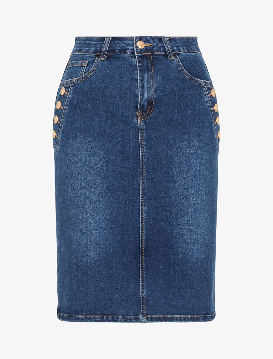 Jupe crayon en jean à boutons décoratifs - Bleu - 4