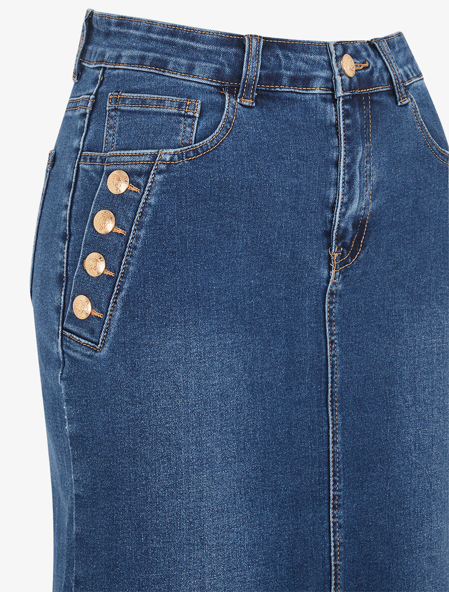 Jupe crayon en jean à boutons décoratifs - Bleu - 3