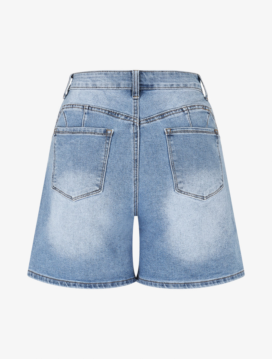 Short en jean à taille haute - Bleu - 2