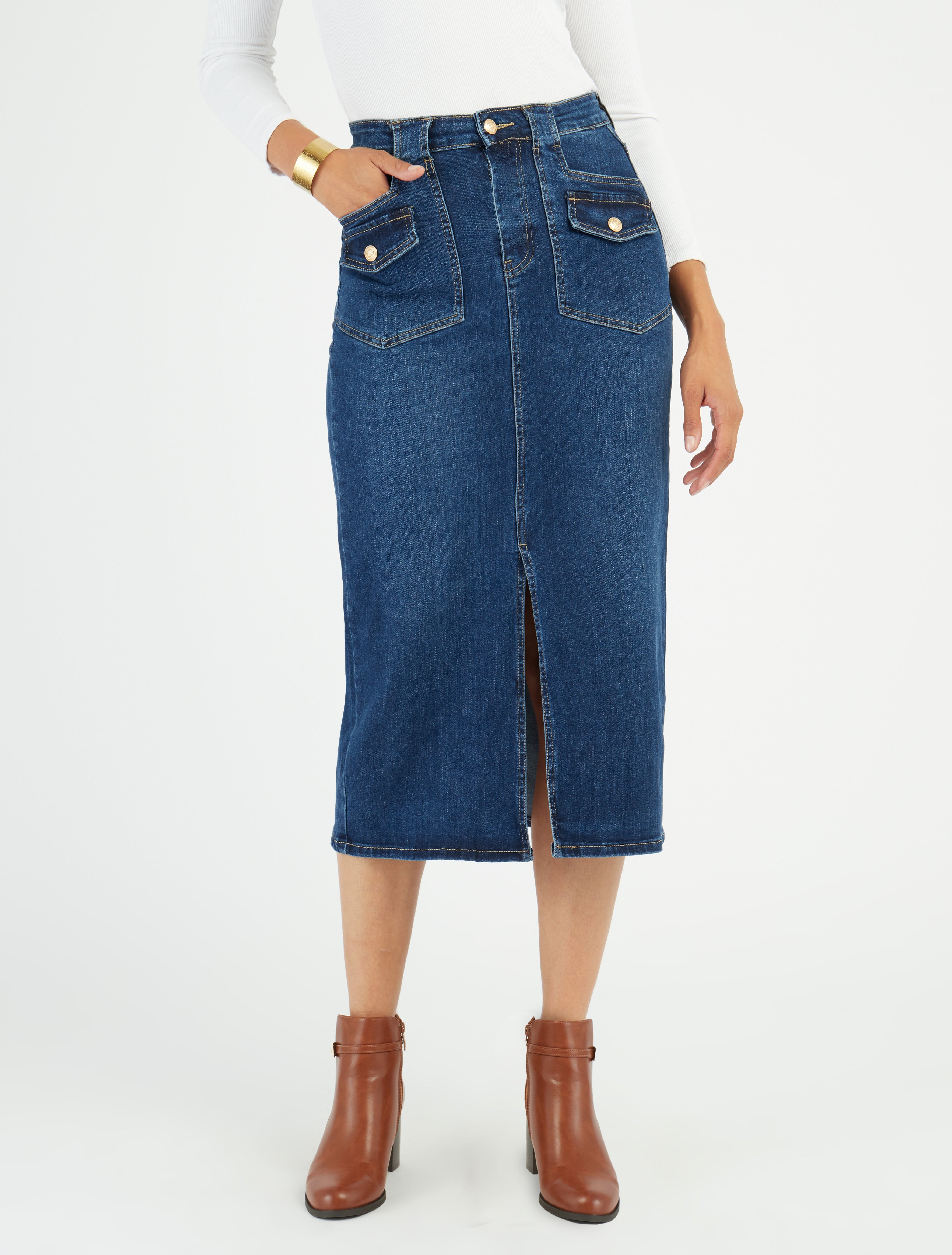 Falda larga de mezclilla con bolsillos de solapa - Azul denim