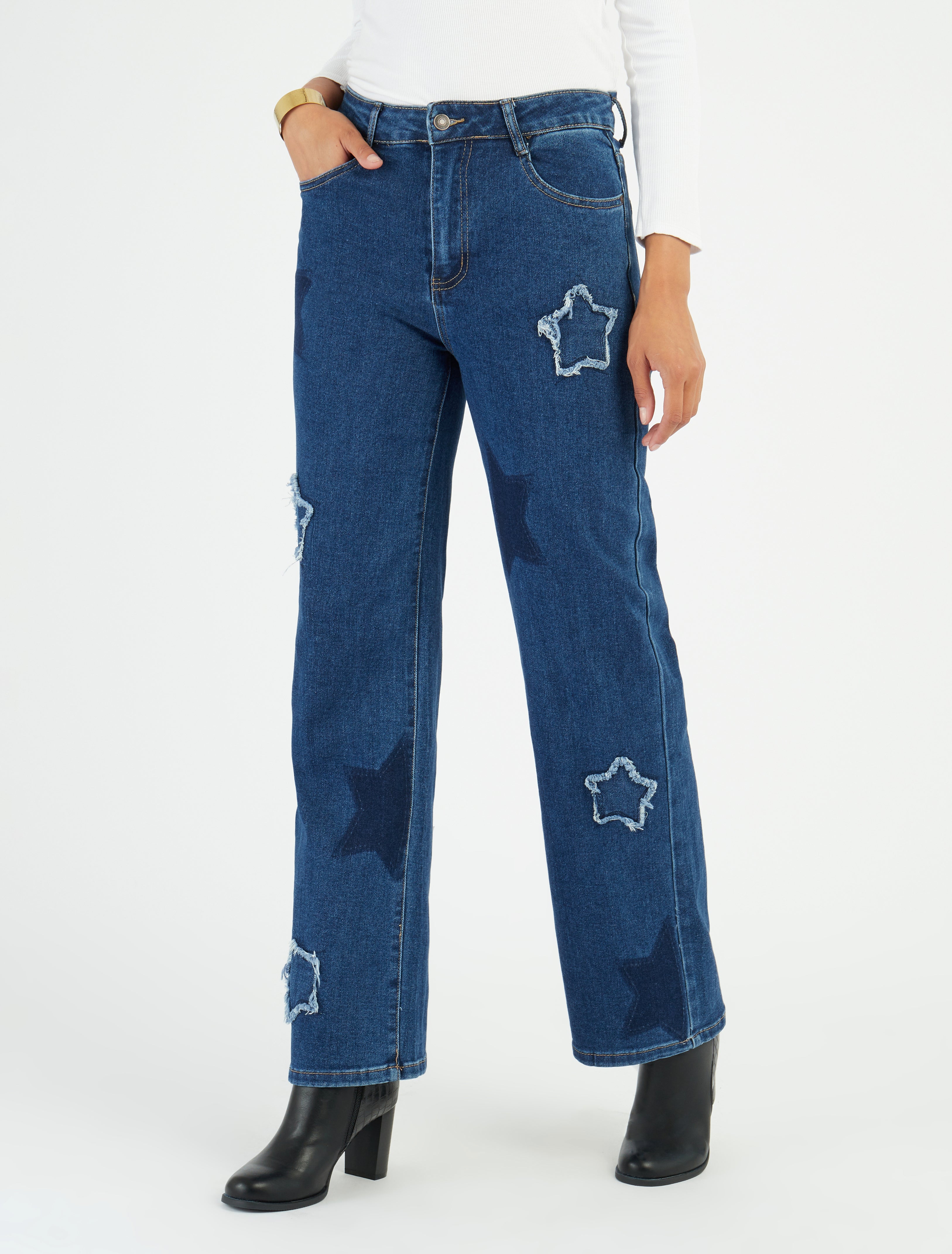 Vaqueros de cintura alta con estampado de estrellas - Azul