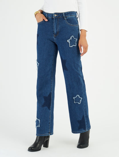 Vaqueros de cintura alta con estampado de estrellas - Azul
