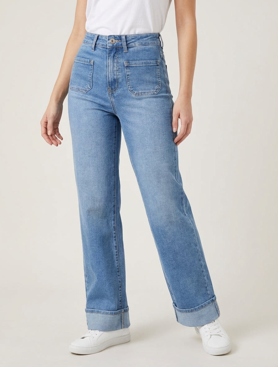 Jean con dobladillo y bolsillos de parche - Azul claro