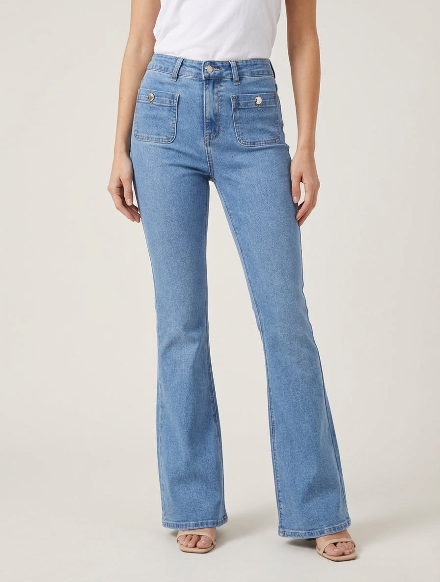 Jean acampanado con bolsillos abotonados - Azul claro