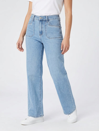 Jean de pierna ancha con 4 bolsillos de corte recto. - Azul