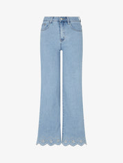 Jean wide leg à motif fleurs ajourés - Bleu - 1