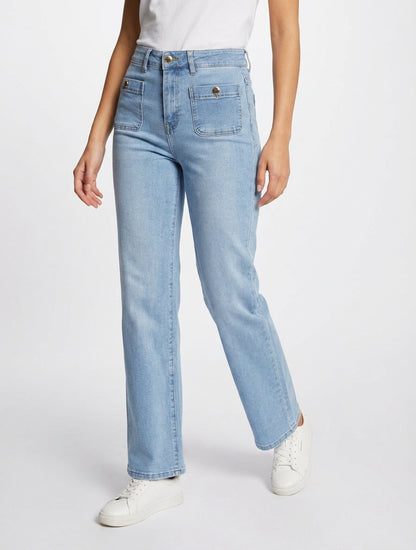 Jean de corte recta con botones decorativos. - Azul