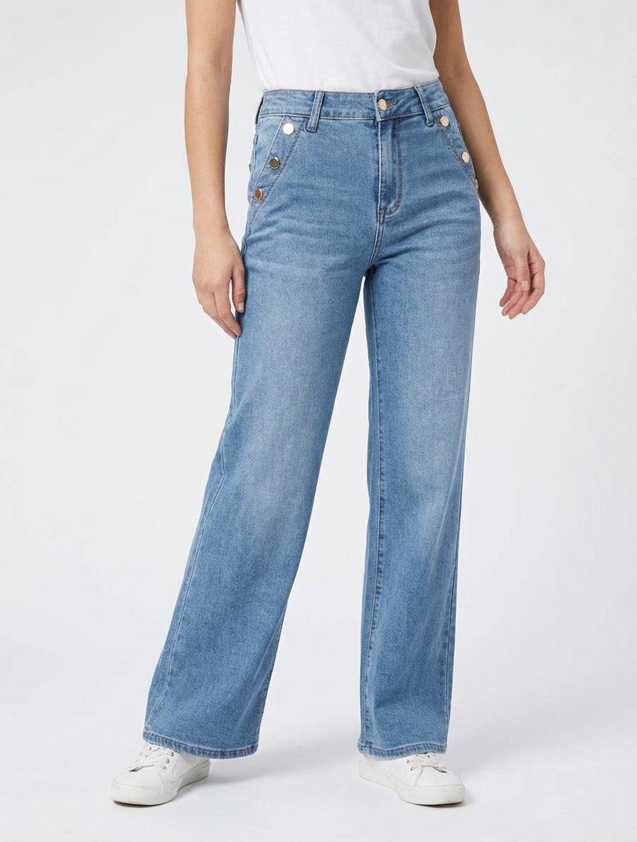 Jean de pierna ancha con botones decorativos corte recto - Azul