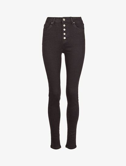 Jean skinny taille haute à boutons - Noir - 3