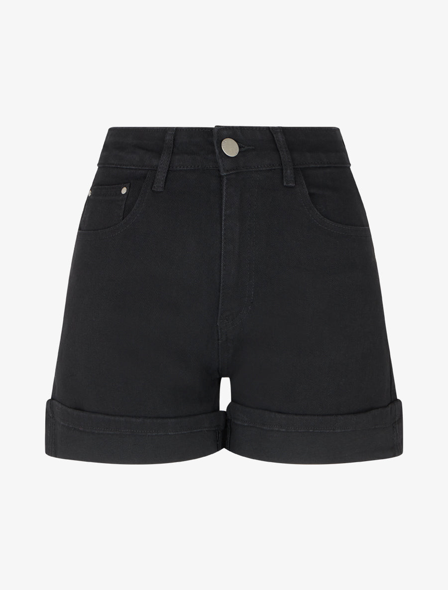 Short uni en jean à revers - Noir - 1