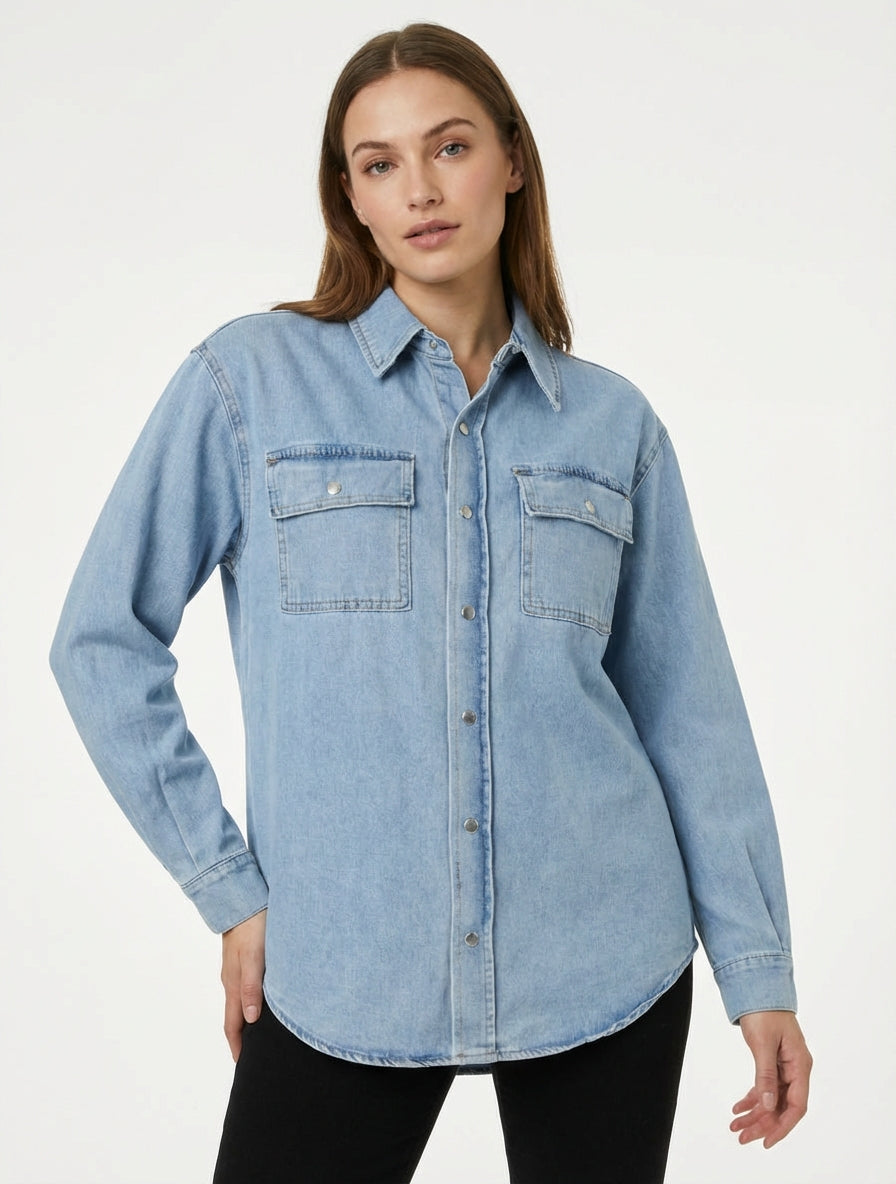 Camisa vaquera recta de manga larga - Azul