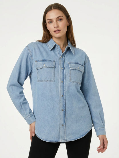 Camisa vaquera recta de manga larga - Azul