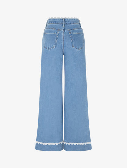 Jean wide leg à bords et taille en dentelle - Bleu - 2
