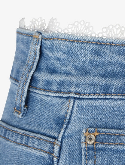 Jean wide leg à bords et taille en dentelle - Bleu - 3