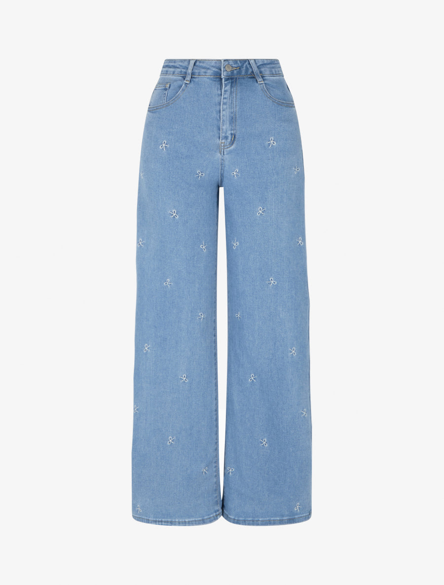 Jean ample à broderie motif noeuds - Bleu - 1