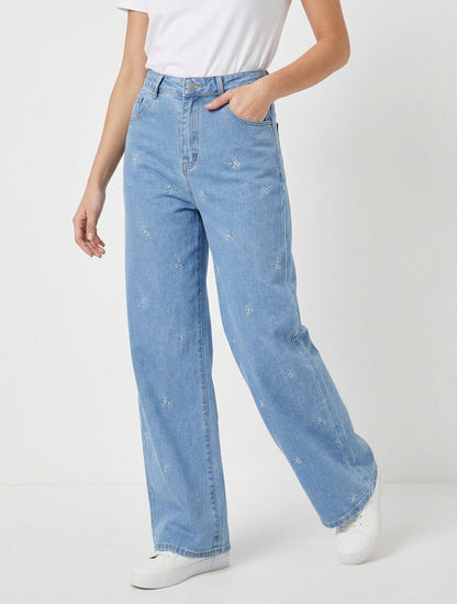 Jean amplio con bordado de motivo de lazos. - Azul