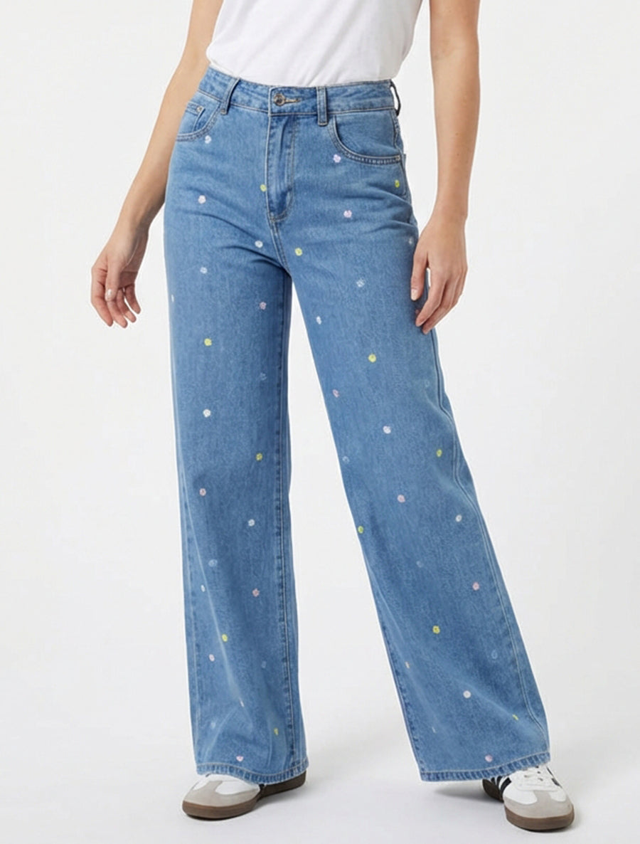 Jean amplio con bordados de motivo floral - Azul