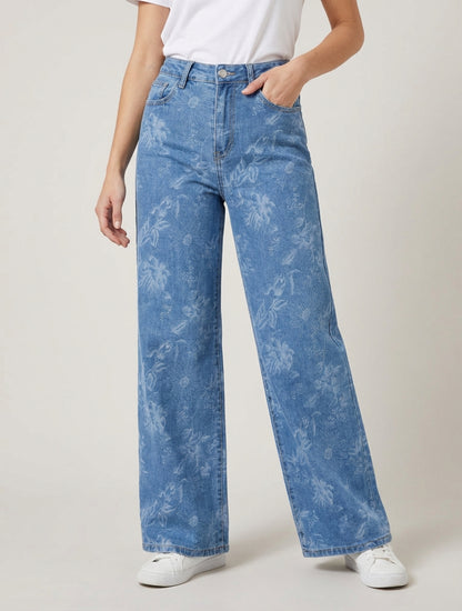 Jean ancho con estampado floral - Azul