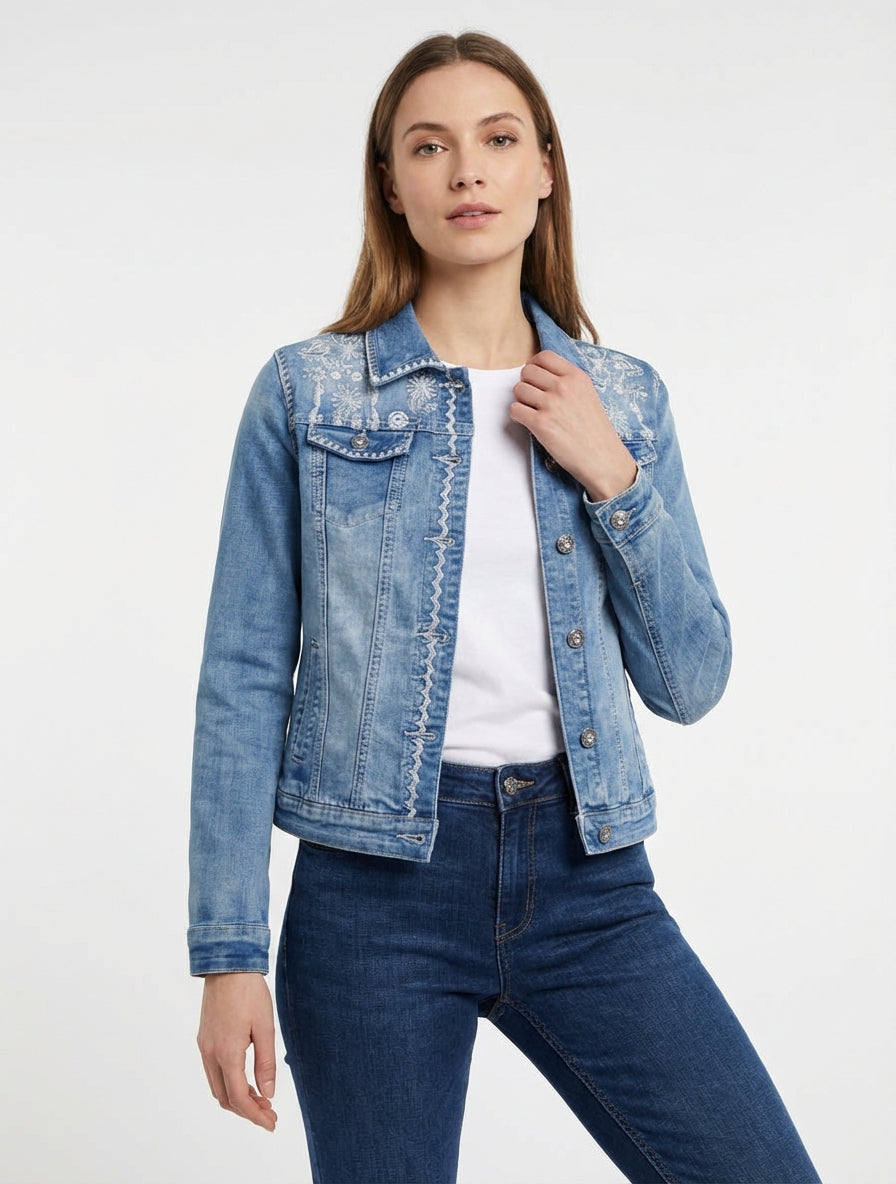 Chaqueta vaquera con bordados florales - Azul