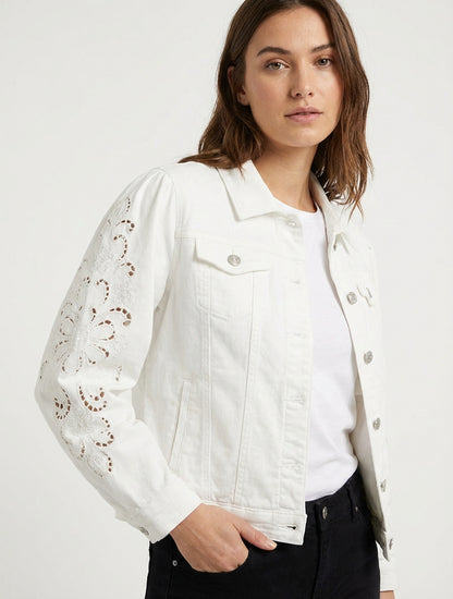 Chaqueta vaquera con mangas bordadas - Blanco