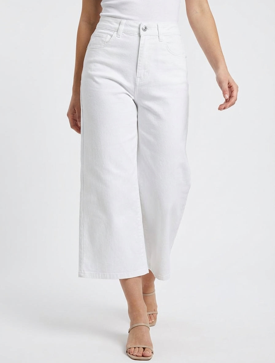 Pantalón capri liso en mezclilla - Blanco