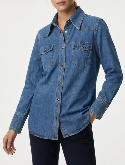 Camisa vaquera recta con bolsillos de solapa - Azul