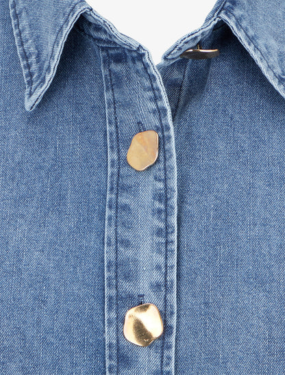 Chemise en jean droite à boutons stylisés - Bleu - 3