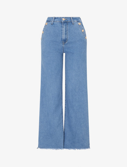 Jean droit à bords francs et boutons décoratifs - Bleu - 1