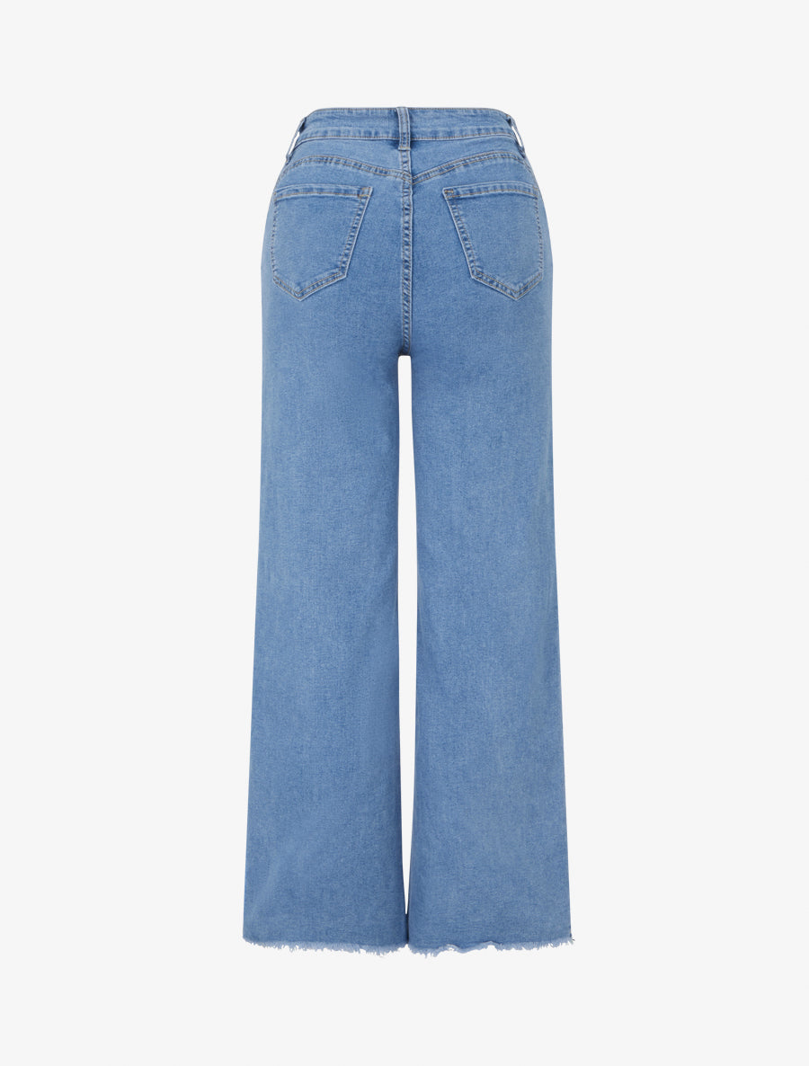 Jean droit à bords francs et boutons décoratifs - Bleu - 2