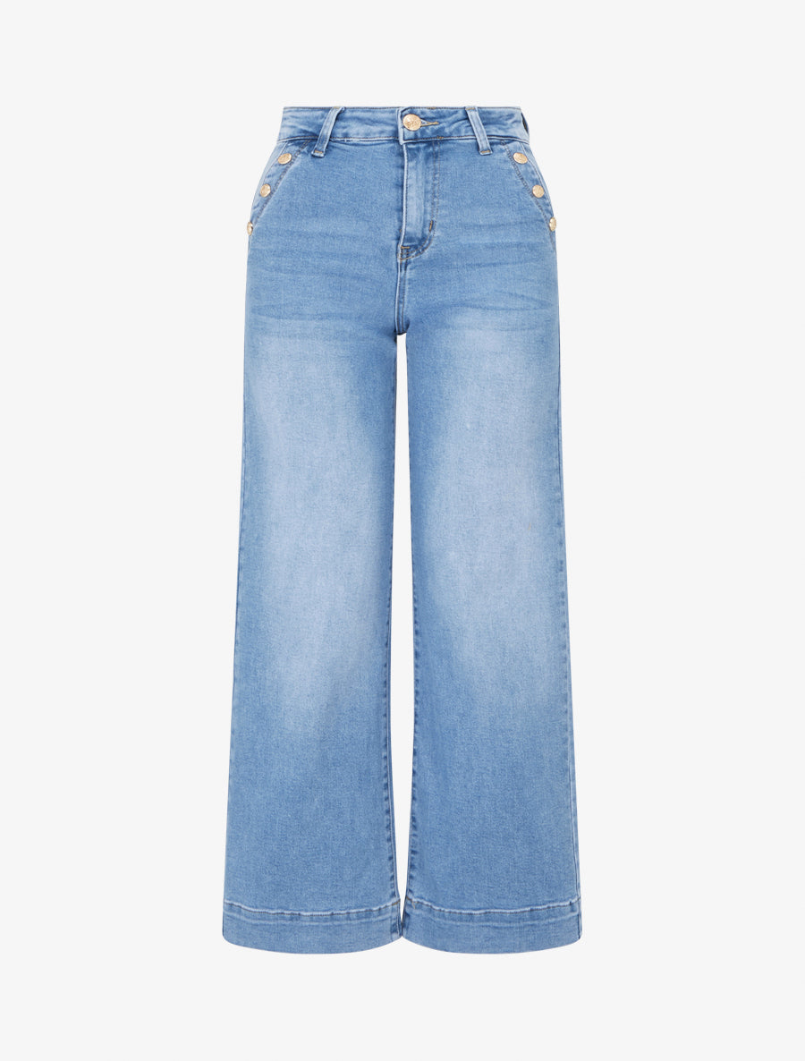 Jean taille haute à boutons décoratifs coupe droite - Bleu - 1