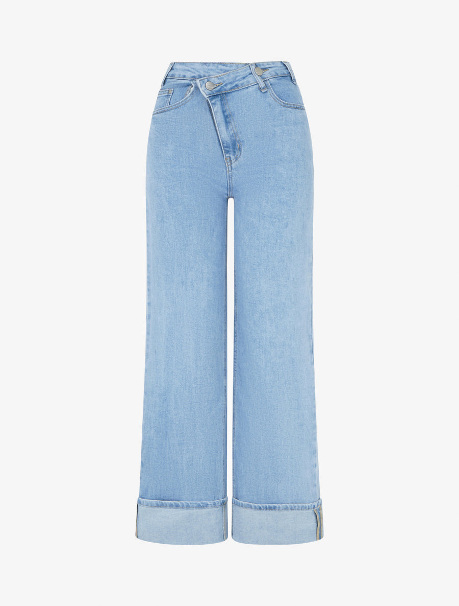 Jean wide leg à boutons diagonaux coupe droite - Bleu - 1