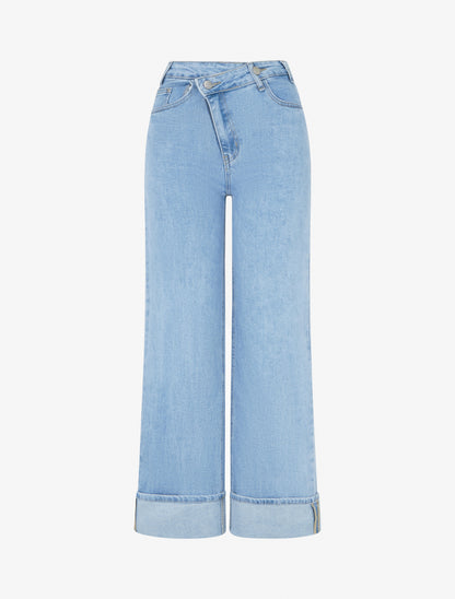 Jean wide leg à boutons diagonaux coupe droite - Bleu - 1