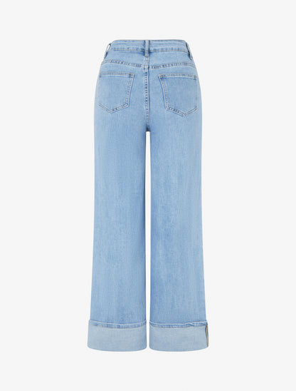 Jean wide leg à boutons diagonaux coupe droite - Bleu - 2