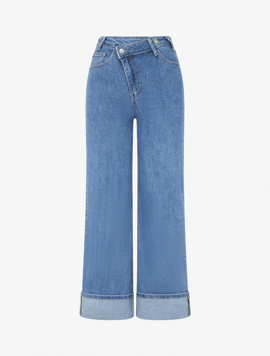 Jean à ourlet et boutons diagonaux coupe droite - Bleu - 1