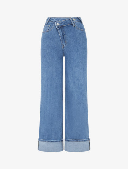 Jean à ourlet et boutons diagonaux coupe droite - Bleu - 1