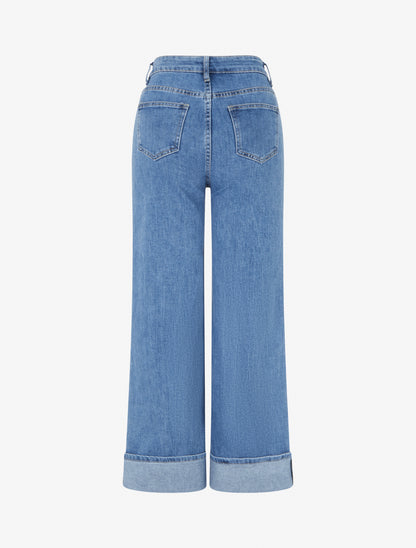 Jean à ourlet et boutons diagonaux coupe droite - Bleu - 2