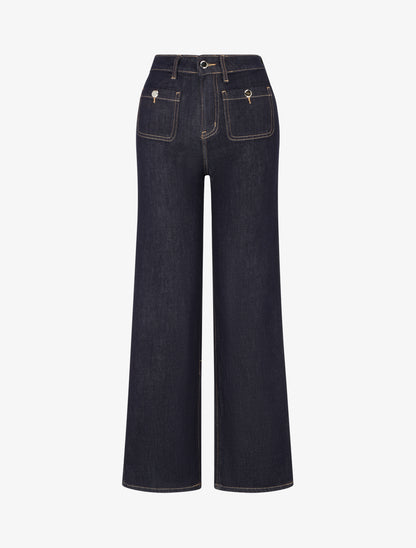 Jean wide leg à boutons décoratifs coupe droite - Bleu brut - 1