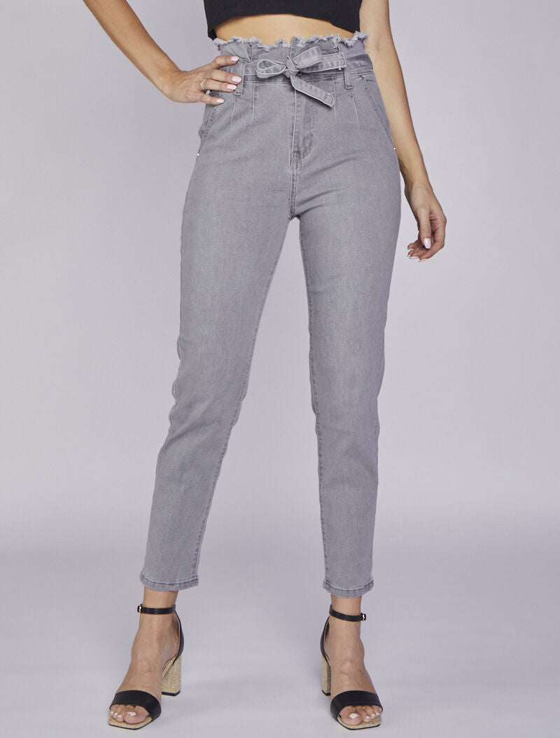 Jean slim paperbag à taille effilochée - Gris - 1